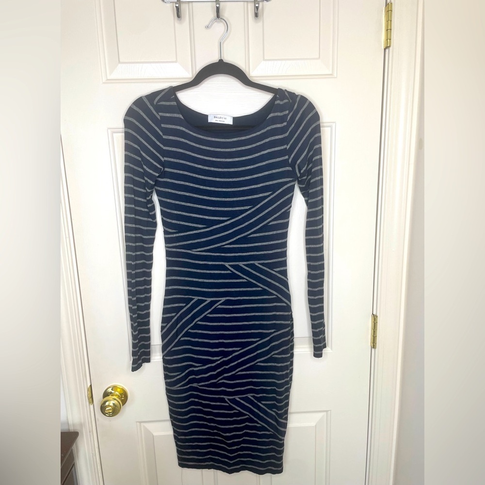 Bailey/44 Navy Gray Striped Long Sleeve Bodycon Dress Size Small Made in USA